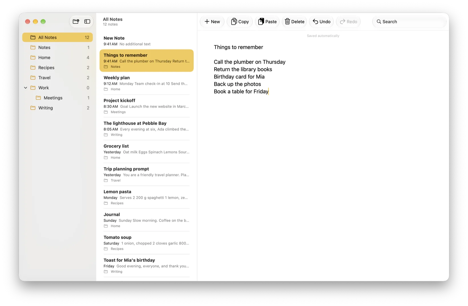 The Easy Notes window: a folder list on the left, a list of notes in the middle, and an open note called Things to remember on the right, with New, Copy, Paste, Delete, Undo, Redo and Search in the toolbar.