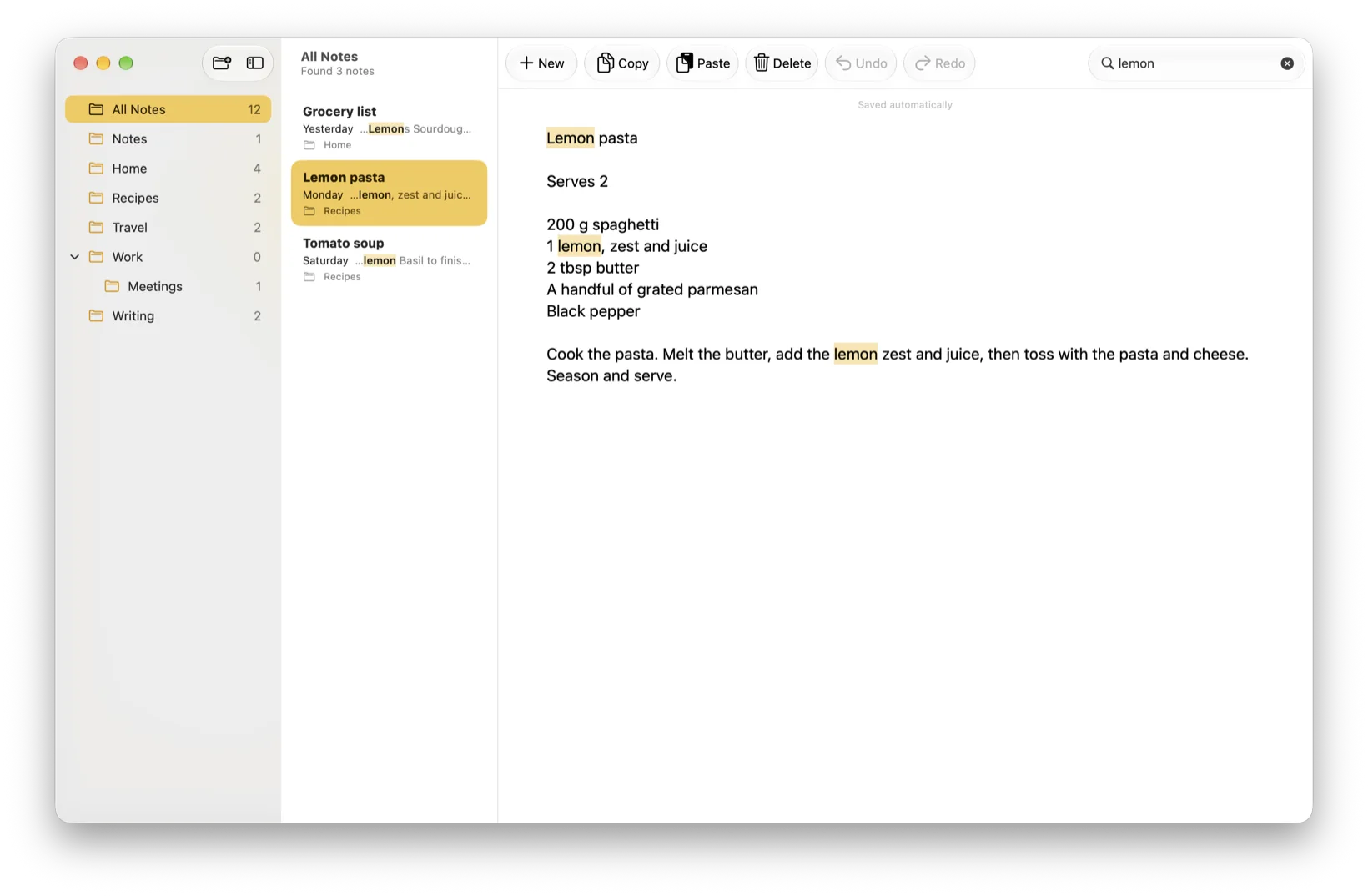 Searching for the word lemon: the note list is filtered to three results and each match is highlighted in yellow.